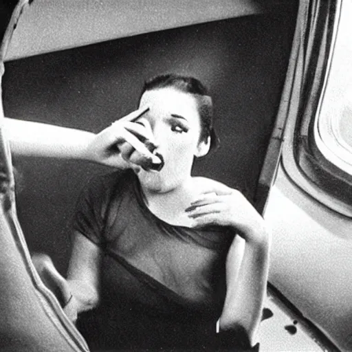 Prompt: still photo, young woman, falling from plane, scared face, camera view from beneath the person, putting makeup on
