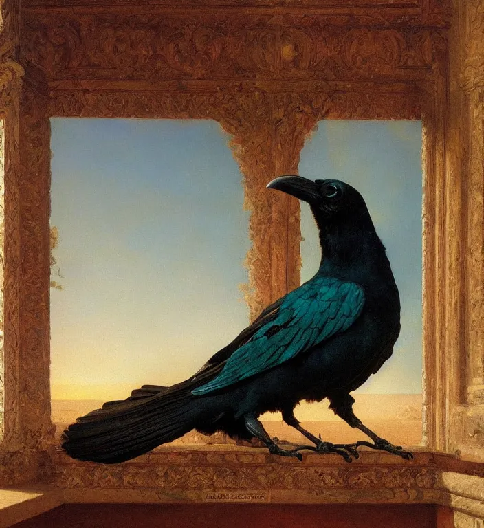 Image similar to a beautifully photoreal clear detailed victorian portrait of a close up raven on a victorian windowsill with an ornate velvet dark teal curtain at beautiful sunset daytime nature sunlit painting by frederic leighton and turner and rosetti, 8 k, octane render