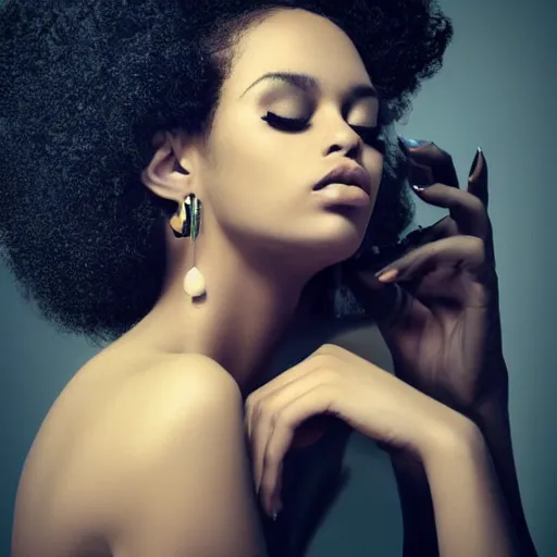 Image similar to gorgeous sultry model with a curly afro, cinematic pose, intricate hair details, jewellery, big hooped earrings, long nails, off the shoulder shirt, soulful, pouty lips, real life details, soft shadows, sharp focus, volumetric lights, rim light, character details, 3 d, award winning, model, beautiful, gorgeous