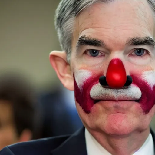 Prompt: Jerome Powell with colorful clown makeup all over his face whiteface, derp eyes