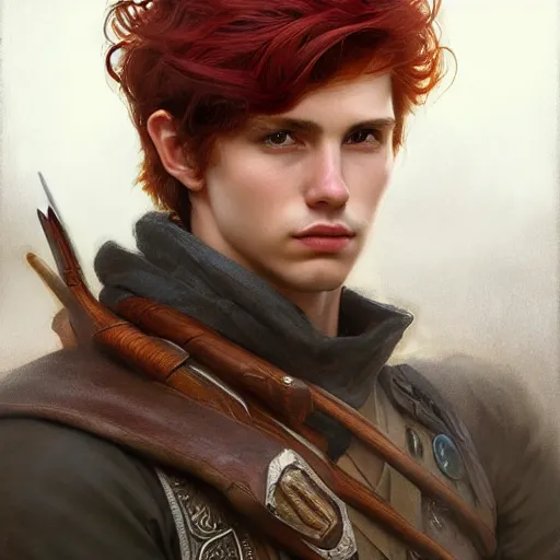 Image similar to portrait of a young curious ranger, male, masculine, upper body, red hair, long hair, soft hair, D&D, fantasy, intricate, elegant, highly detailed, digital painting, artstation, concept art, matte, sharp focus, illustration, art by Artgerm and Greg Rutkowski and Alphonse Mucha