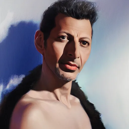 Prompt: hyperrealistic portrait of a man as jeff goldblum posing to noir moon in a white swan dress wearing sapphire jewellery with long feather collar by jeremy mann and alphonse mucha, fantasy art, photo realistic, dynamic lighting, artstation, poster, volumetric lighting, very detailed faces, 4 k, award winning