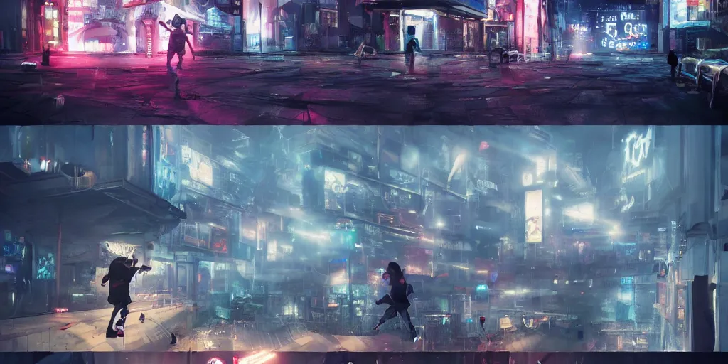 Prompt: cinematic shots of teenagers with tech clothing and hoods and futuristic gas masks making parkour on a dystopian city, neon lights, sci - fi, night lights, rain and haze, concept art, intricate, in the style of katsuhiro otomo, akira, unreal engine