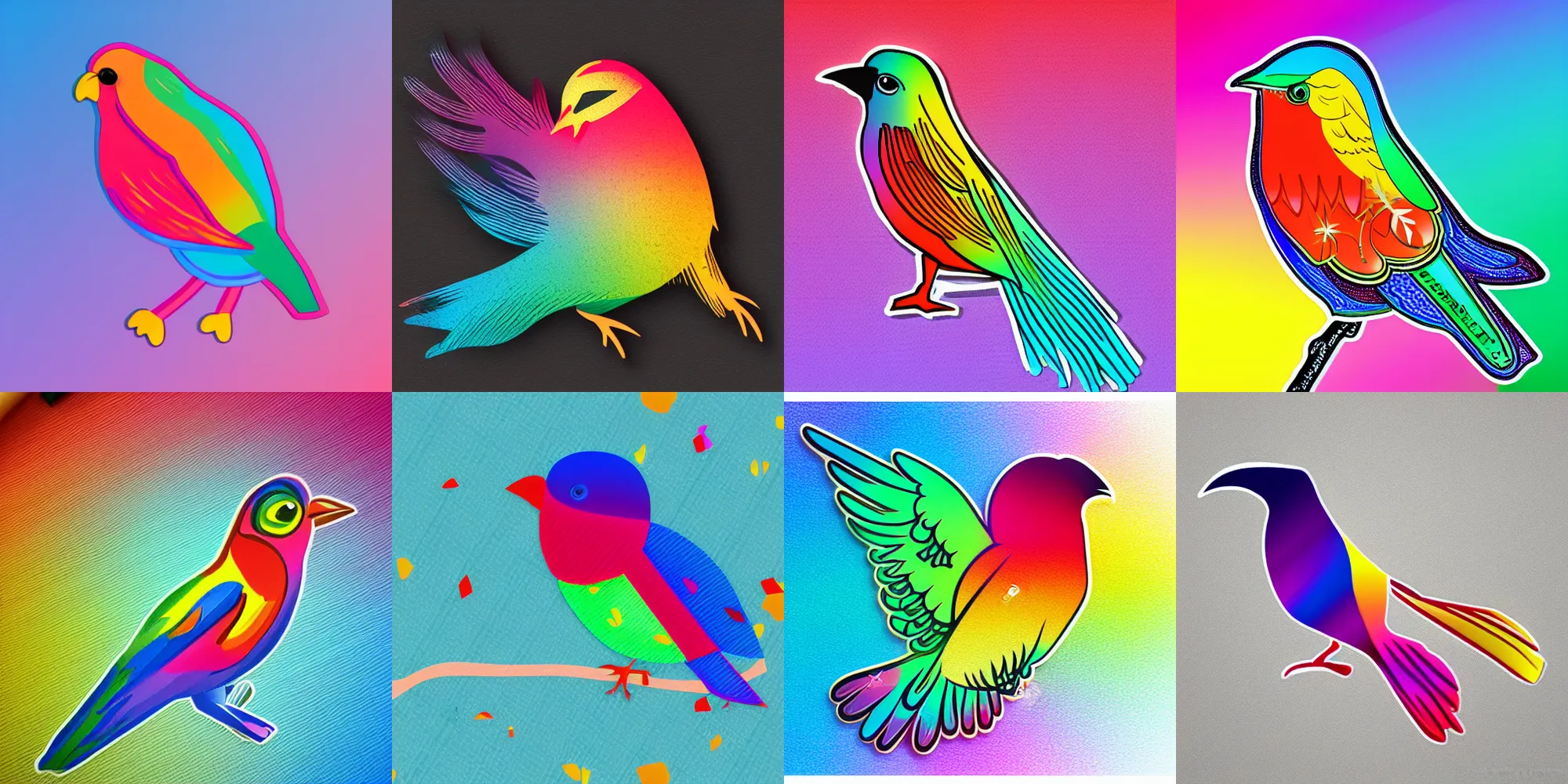 Prompt: colorful multicolored bird, gradient effect, sticker illustration