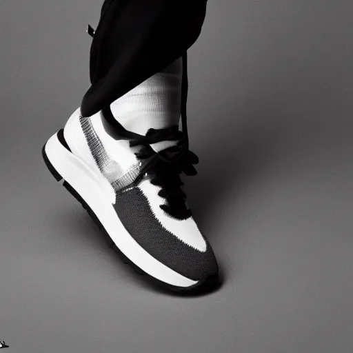 Image similar to a studio photoshoot of A technical Nike running sneaker designed by Virgil Abloh, mesh fabrics, Off-White, realistic, color film photography by Tlyer Mitchell, 35 mm, graflex