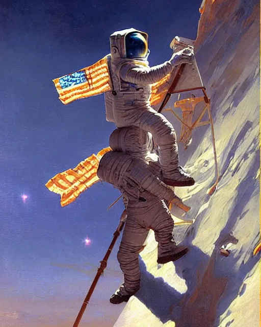 Prompt: handsome astronaut plants a flag on the moon, painting by gaston bussiere, craig mullins, j. c. leyendecker