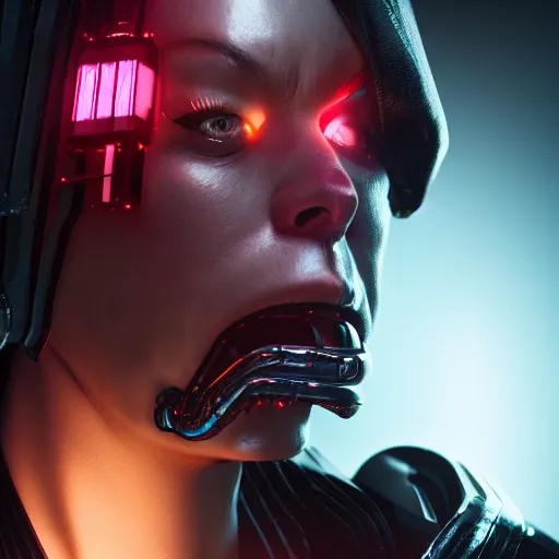 Image similar to evil cyberpunk dark villain, highly detailed, photorealistic portrait, bright studio setting, studio lighting, crisp quality and light reflections, unreal engine 5 quality render