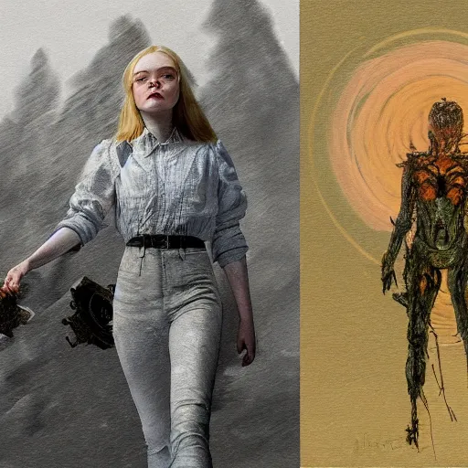 Image similar to Elle Fanning in the painted world of Dead Space, head and shoulders masterpiece, apocalypse, golden hour, cosmic horror, artstation, in the style of Andrew Wyeth and Edward Hopper and Bosch, extremely detailed