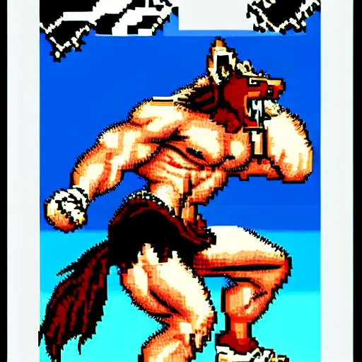 Prompt: extreme long shot. 8 bit nes graphics. antropomorphic muscular masculine wolf. kickboxer fighter, in shorts. wolf head. furr on body. art from nes game cartridge.