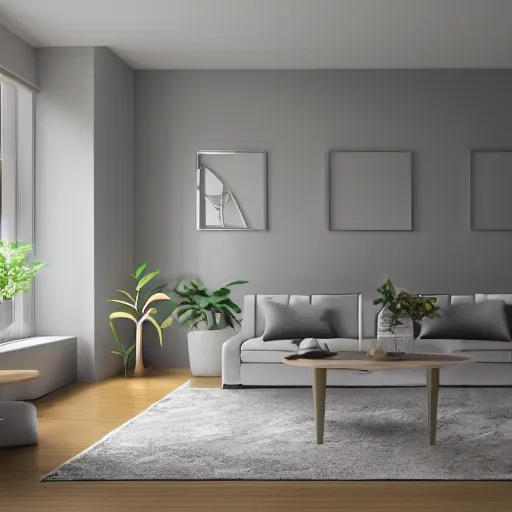 Image similar to a simple modern living room, cinema 4d render, Ray tracing reflection, natural light, Crepuscular rays,