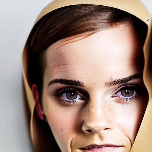 Image similar to emma watson with a brown paper bag over covering her head and face, ( sony a 7 r iv, symmetric balance, polarizing filter, photolab, lightroom, 4 k, dolby vision, photography awardm, voque, perfect face )