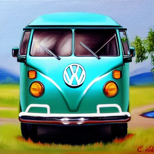 Prompt: a oil painting of a front view vw bus