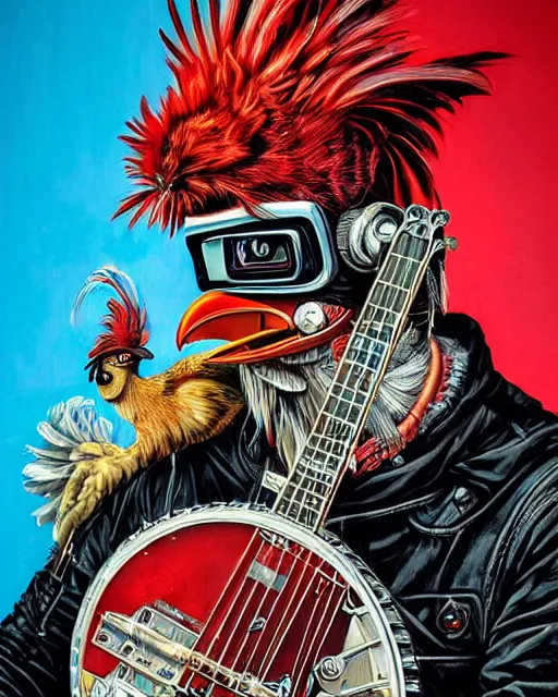 Image similar to a portrait of an anthropomorphic cyberpunk rooster shredding a banjo by sandra chevrier, by jon foster, detailed render, tape deck, epic composition, cybernetics, 4 k realistic, cryengine, realistic shaded lighting, sharp focus, masterpiece, by enki bilal