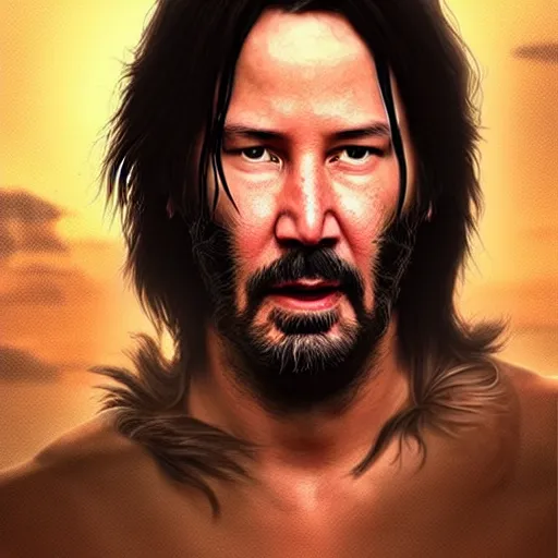 Image similar to keanu reeves as a cave man , digital art , hyperdetailed , trending on artstation , matte painting , CGSociety , pinterest