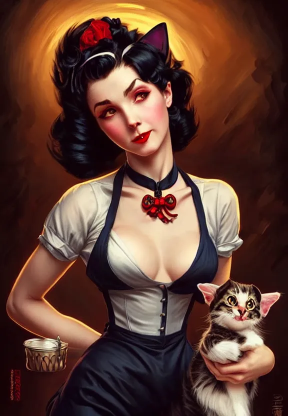 Prompt: Necromancer waitress of a small 50’s style diner holding a cat, fantasy magic, dark pin-up style hair, dark light night, intricate, elegant, sharp focus, illustration, highly detailed, digital painting, concept art, matte, art by WLOP and Artgerm and Greg Rutkowski and Alphonse Mucha, masterpiece