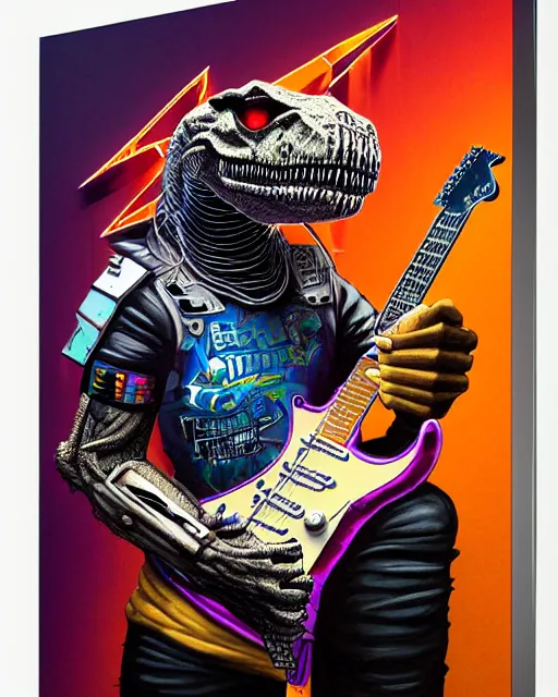 Prompt: a portrait of an anthropomorphic cyberpunk t - rex shredding an electric guitar by sandra chevrier, by jon foster, detailed render, epic composition, cybernetics, 4 k realistic, fender stratocaster, cryengine, realistic shaded lighting, sharp focus, masterpiece, by enki bilal