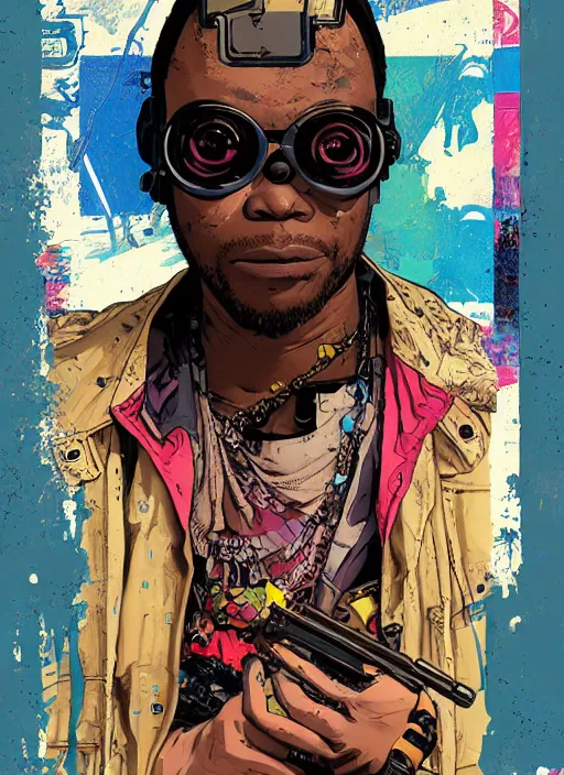 Prompt: chidi igwe. cyberpunk mercenary portrait illustration, pop art, splash painting, art by geof darrow, ashley wood, alphonse mucha, makoto shinkai