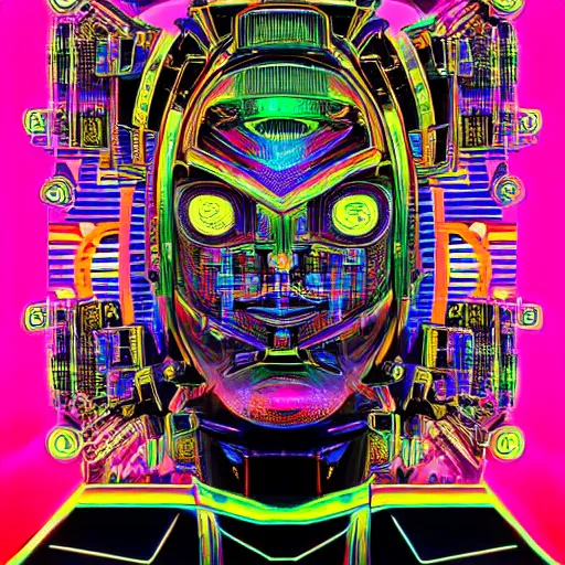 Image similar to hyperdetailed portrait of a cyberpunk aztec futurism robot head, 8 k, symetrical, trippy flourescent colors, halluzinogenic, tshirt art, black background