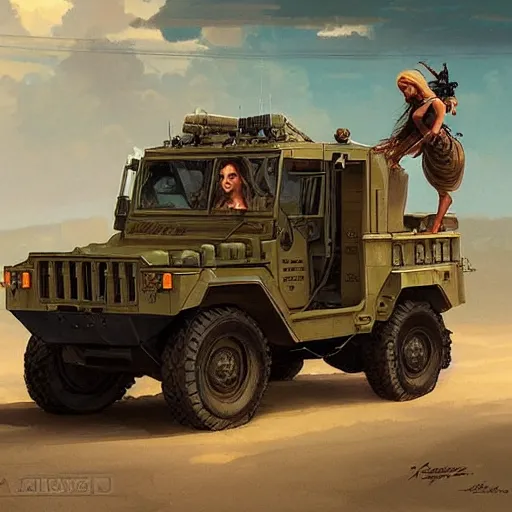 Image similar to A pale young indian woman driving a Humvee from Battlefield 2042, very detailed face, gorgeous, beautiful, intricate, highly detailed, digital painting, artstation, concept art, sharp focus, illustration, art by greg rutkowski and alphonse mucha