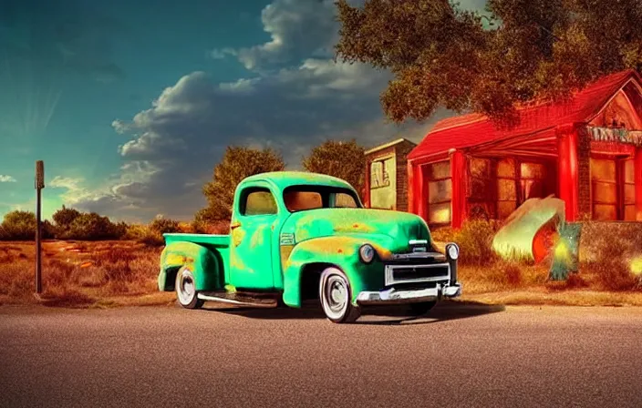 Prompt: A beautiful colorful evening scene of route66, 1950’s old road with abandoned gas station and rusty old pickup truck in the back, hyper realistic, softlight, blinding backlight evening sun, sparkling sun rays, epic scene, intense setting, evening vibe