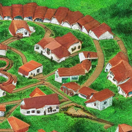 Prompt: a high definition depiction of a village infested by spiral shapes