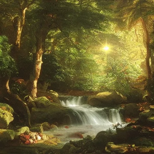 Image similar to There is a stream flowing through a peaceful forest. The sun shines through the trees, dappling the ground with light. The stream babbles gently. An oil painting by Thomas Cole