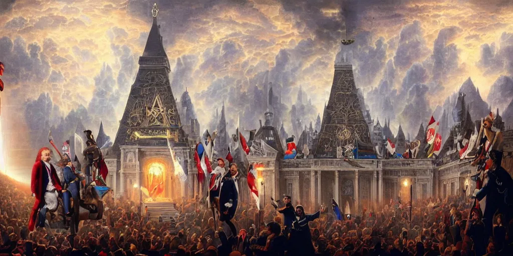 Image similar to emanuel macron hacking his way to illuminati council, freemason, epic, esoteric, matte painting, ultra detailled