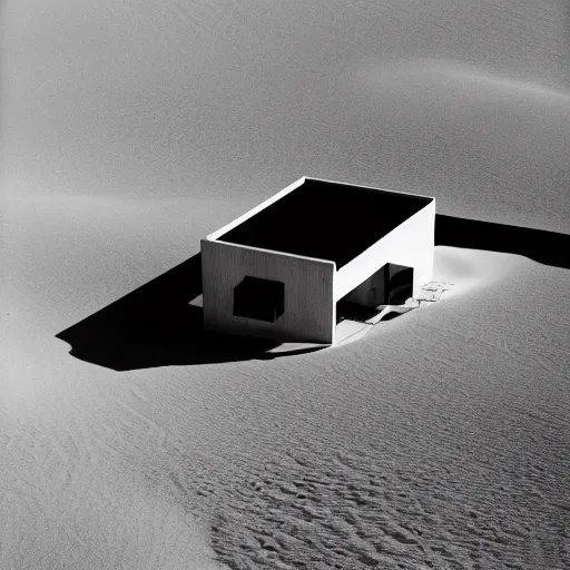 Prompt: A house designed by Miles Van Der Rohe in the middle of the Sahara desert. Aerial View. Film Grain, colorized.