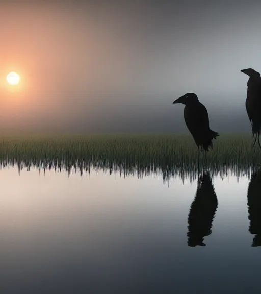 Image similar to the reflection of three crows standing in a boat in a swamp, volumetric lighting, fog, majestic light, octane render, ethereal glare of the sun, hyperrealistic, epic, masterpiece, by makoto shinkai