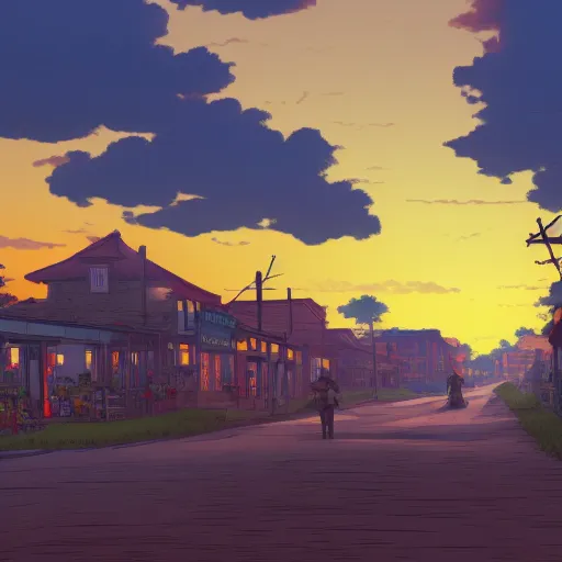 Image similar to a western town at sunset illustration of a picture of a western town at sunset royalty, a digital rendering by Studio Ghibli, shutterstock contest winner, ashcan school, 2d game art, playstation 5 screenshot, matte drawing