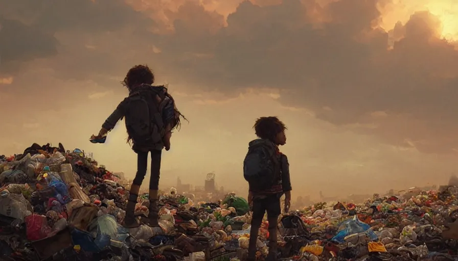 Prompt: poor detailed child with backpack looking for food at garbage dump, city is pure wasteland, moody sunset in background, greg rutkowski, alphonse mucha, trending on artstation, artgerm, unreal engine, breathtaking, award winning, highly detailed