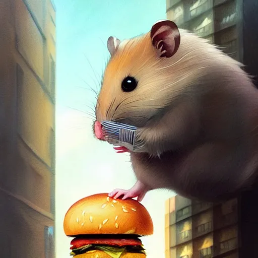 Prompt: a hamster eating a hamburger on a tall building,Character design by charlie bowater, ross tran, artgerm, and makoto shinkai, detailed, inked, western comic book art, 2021 award winning painting,digital art,ultra realistic,ultra detailed,art by greg rutkowski,photorealistic,hyperdetailed,detailed face