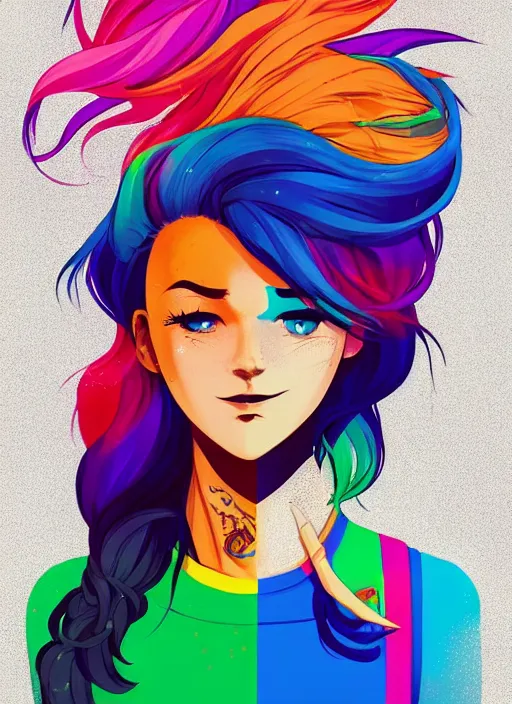 Prompt: a young woman with beautiful rainbow hair and lots of tattoos on her arms and chest. clean cel shaded vector art. shutterstock. behance hd by lois van baarle, artgerm, helen huang, by makoto shinkai and ilya kuvshinov, rossdraws, illustration, art by ilya kuvshinov