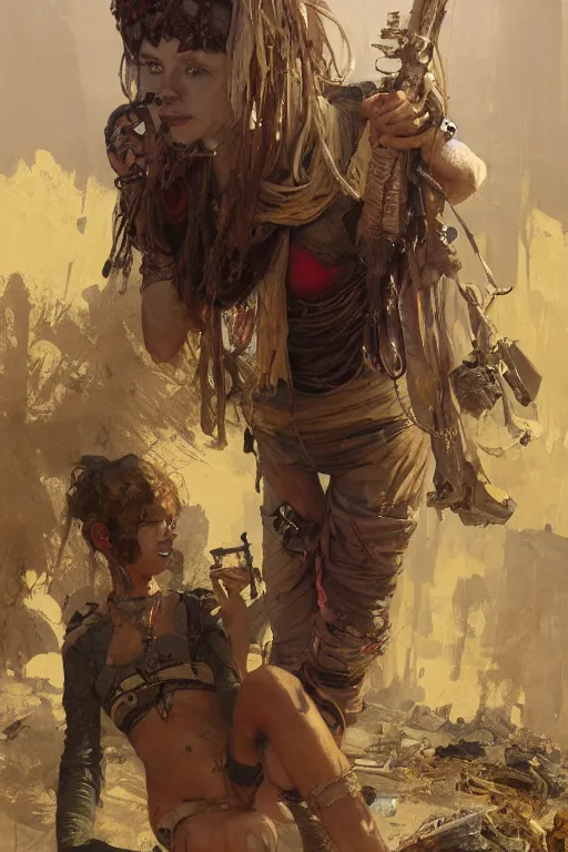 Prompt: a full body portrait of a beautiful post apocalyptic offworld miners quarter bedouin blind pulp fiction scarlet wild rogue barbarian leper begging by the roadside, intricate, elegant, highly detailed, digital painting, artstation, concept art, smooth, sharp focus, illustration, art by krenz cushart and artem demura and alphonse mucha