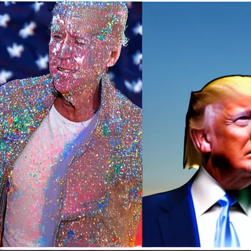 Prompt: a very very detailed photo of Joe Biden attending Burning Man on the Playa with Donald Trump both covered in body glitter, very very detailed, photorealism, Photoshop, very coherent, HD