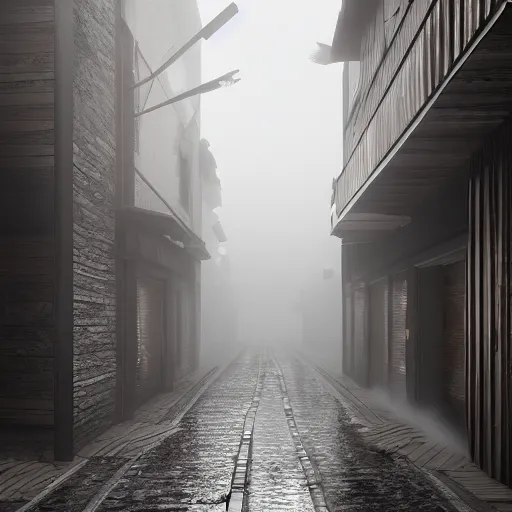 Prompt: narrow street, timber architecture, facade, metal, glass, daylight, landscape, octane render, highly detailed, intricate, smoking factories, brutalist city, dark athmosphere, noir, heavy texture, hyper realist, 4 k, extreme detail, cinematic lighting, foggy, smog