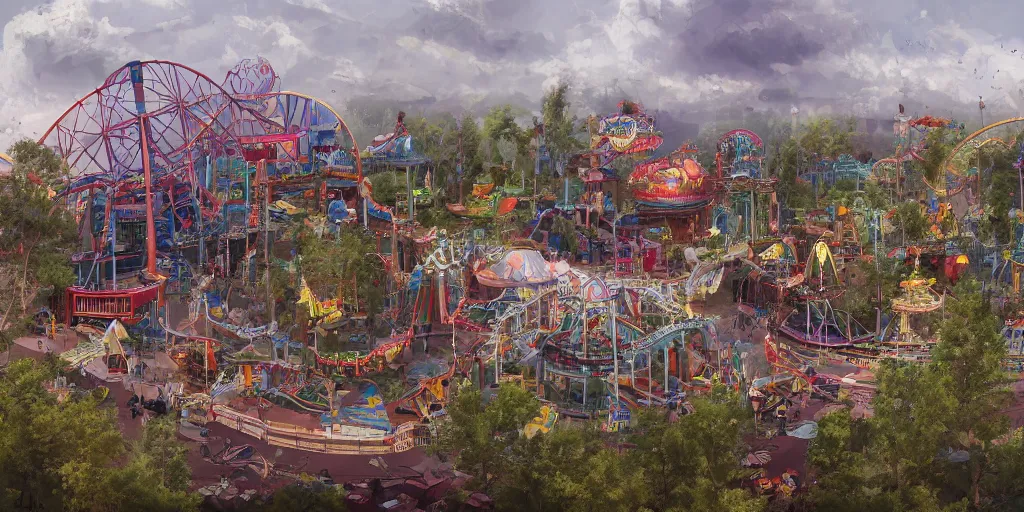 Image similar to abandoned amusement park overview mapa design, Moebius, Greg Rutkowski, Zabrocki, Karlkka, Jayison Devadas, Phuoc Quan, trending on Artstation, 8K, ultra wide angle, pincushion lens effect