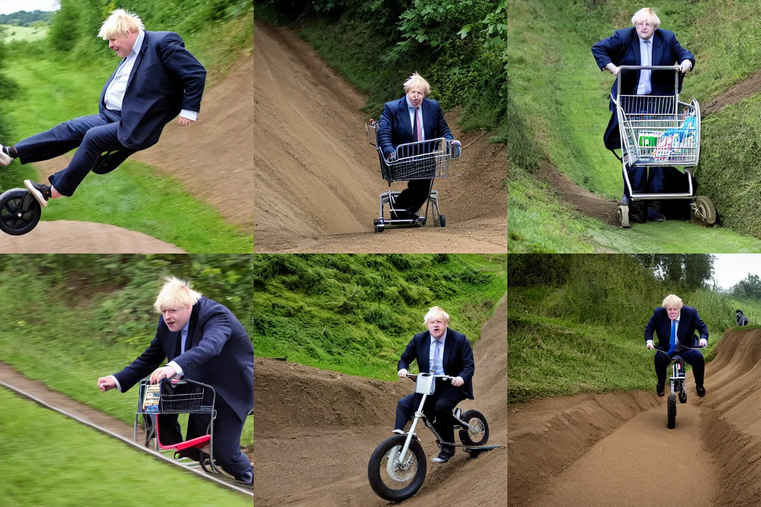 Prompt: Boris Johnson riding in a shopping cart rolling down a steep dirt ramp in a rural area