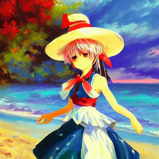 Image similar to Beautiful abstract impressionist painting of Kirisame Marisa from the Touhou project at the beach wearing a maid dress and a hat, touhou project official artwork, danbooru, oil painting by Antoine Blanchard, wide strokes, pastel colors, soft lighting sold at an auction