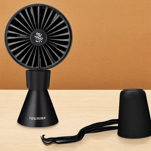 Prompt: desk fan with a funnel attached to the back leading to the top of the room