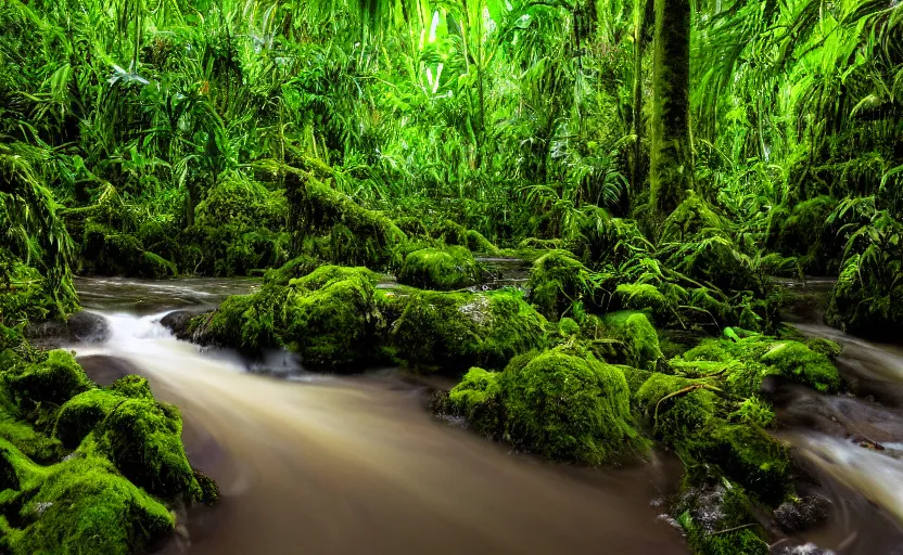 Image similar to A lush beautiful rainforest with a river running through it, 8k dslr photo