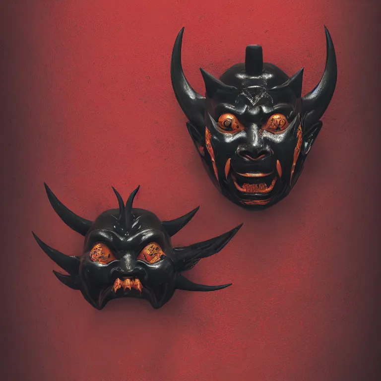 Image similar to a black hannya (般若) mask, kintsugi, ornate, details, smooth, sharp focus, illustration, realistic, cinematic, artstation, award winning, rgb , unreal engine, octane render, cinematic light, macro, depth of field, blur, red light, 8K,