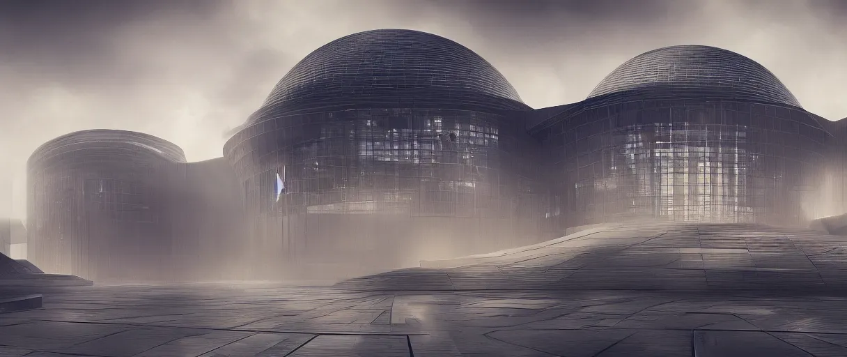 Image similar to dystopian reichstag Germany, futuristic digital painting, concept art, volumetric lighting, warm lighting, trending on artstation, high detail, sci fi, gothic, vivid colours