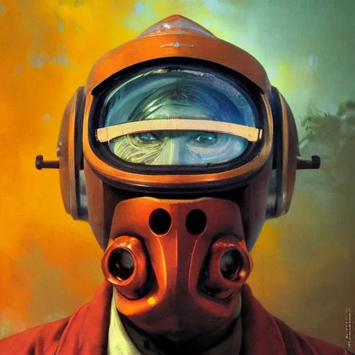 Prompt: vibrant portrait of masked diesel punk helmet on the art deco streets of the big city, artstation, award - winning realistic sci - fi concept art by jim burns and greg rutkowski, beksinski, a realism masterpiece, muted colors, james gilleard, bruegel, alphonse mucha, and yoshitaka amano