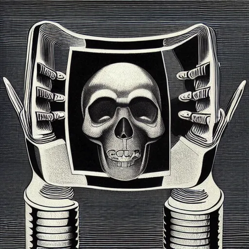 Image similar to “A robot skull with a mirror finish, held by a shiny robot hand; Showing subtle reflection of the room; Artist, Maurits Cornelis Escher, Dutch, 1898-1972 ;Date, 1935 ; Lithograph printed in black ink on wove paper; Detailed gallery print”