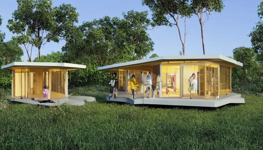 Image similar to A wide image of an eco-community neighborhood of innovative contemporary 3D printed prefab sea ranch style cabins with rounded corners and angles, beveled edges, made of cement and concrete, organic architecture, in a lush green eco community with side walks, parks and public space , Designed by Gucci and Wes Anderson, golden hour