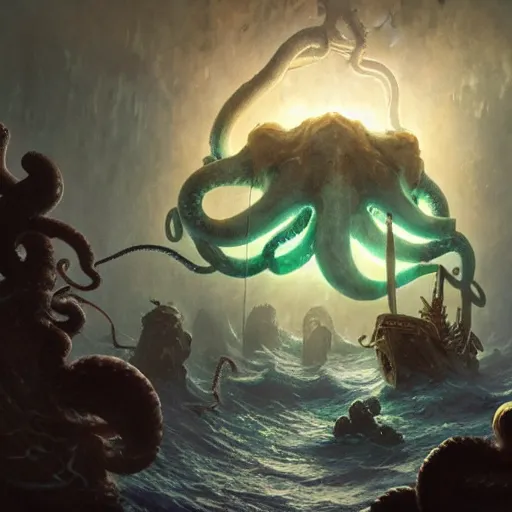 Image similar to A group of adventurers fighting a giant octopus in a sunken ship, underwater, magic the gathering artwork, D&D, fantasy, highly detailed, artstation, concept art, smooth, sharp focus, volumetric lighting, by Greg Rutkowski and Lulu Chen