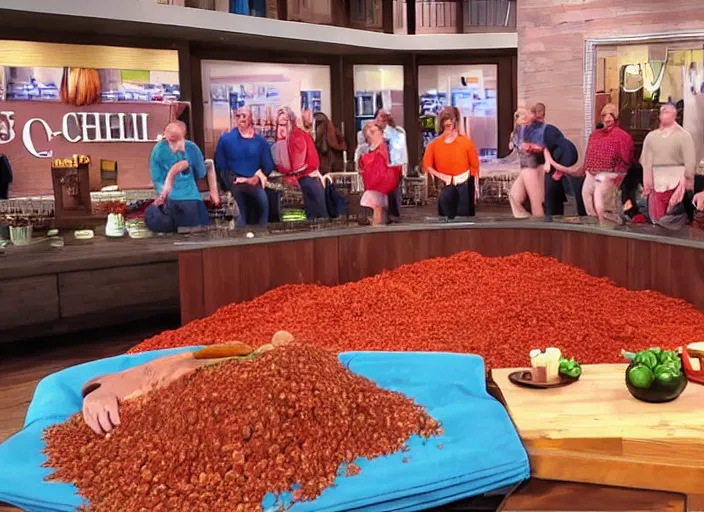 Image similar to qvc tv show product showcase pile of nasty chili spilled everywhere, chunky sloppy fat men no shirts wrestling in chili, wet, studio audience, limited time offer, call now, extremely detailed, horror, 4 k, hd