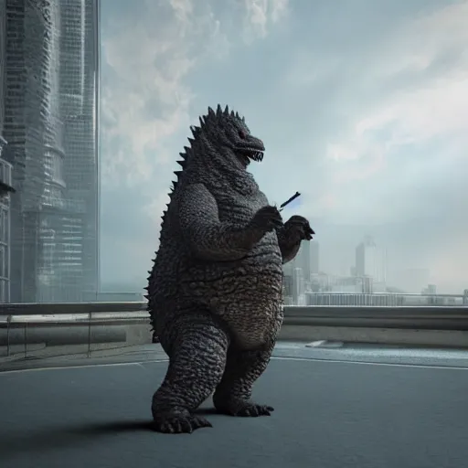 Image similar to anthropomorphic godzilla smoking cigarette, vray