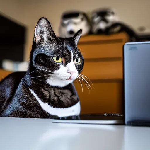 Image similar to a cat wearing a stormtrooper helmet covering the whole face while on the kitchen table, standing up, 40nm lens, shallow depth of field, split lighting, 4k,